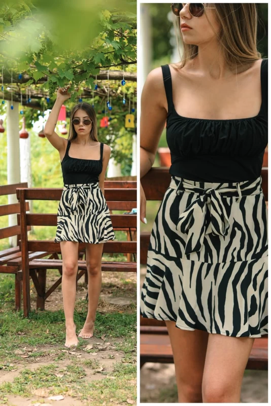 Sıfır Kol Crop ve Zebra Desenli Şort Etek