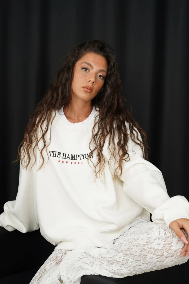 Beyaz ZR Baskılı Sweatshirt