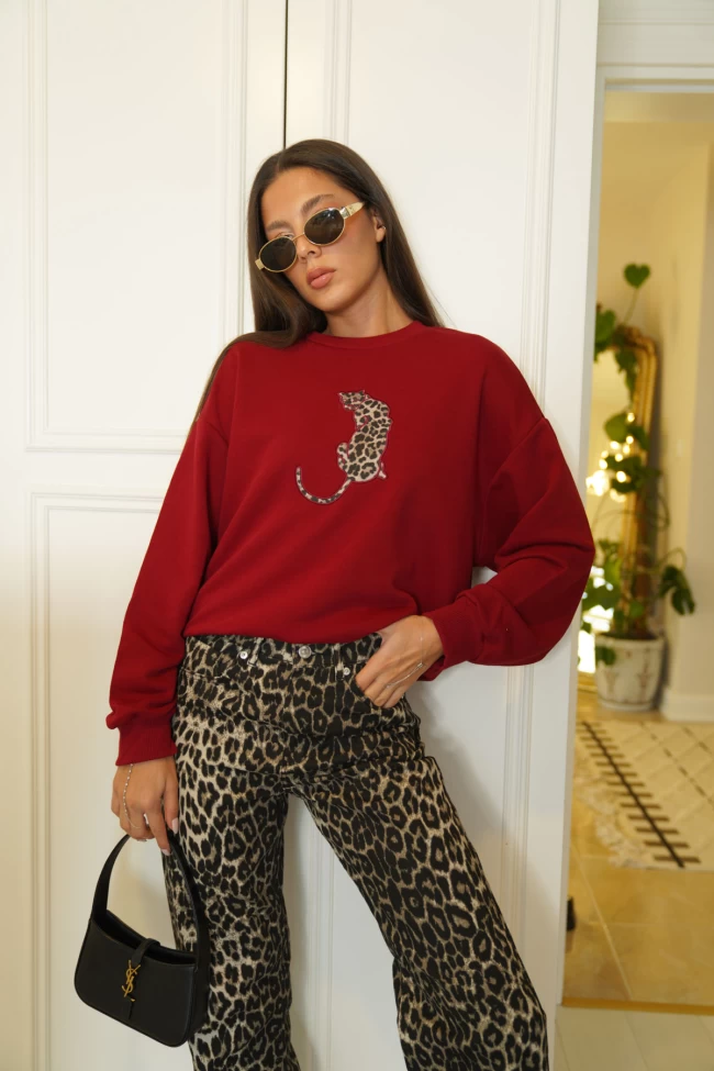 Bordo Leopar Baskılı Sweatshirt